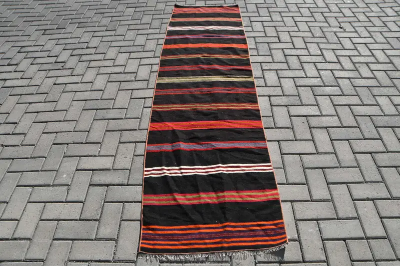 Turkish Vintage Runner Rug 2.3x8.4 ft, Kilim Black Wool Rug - 1