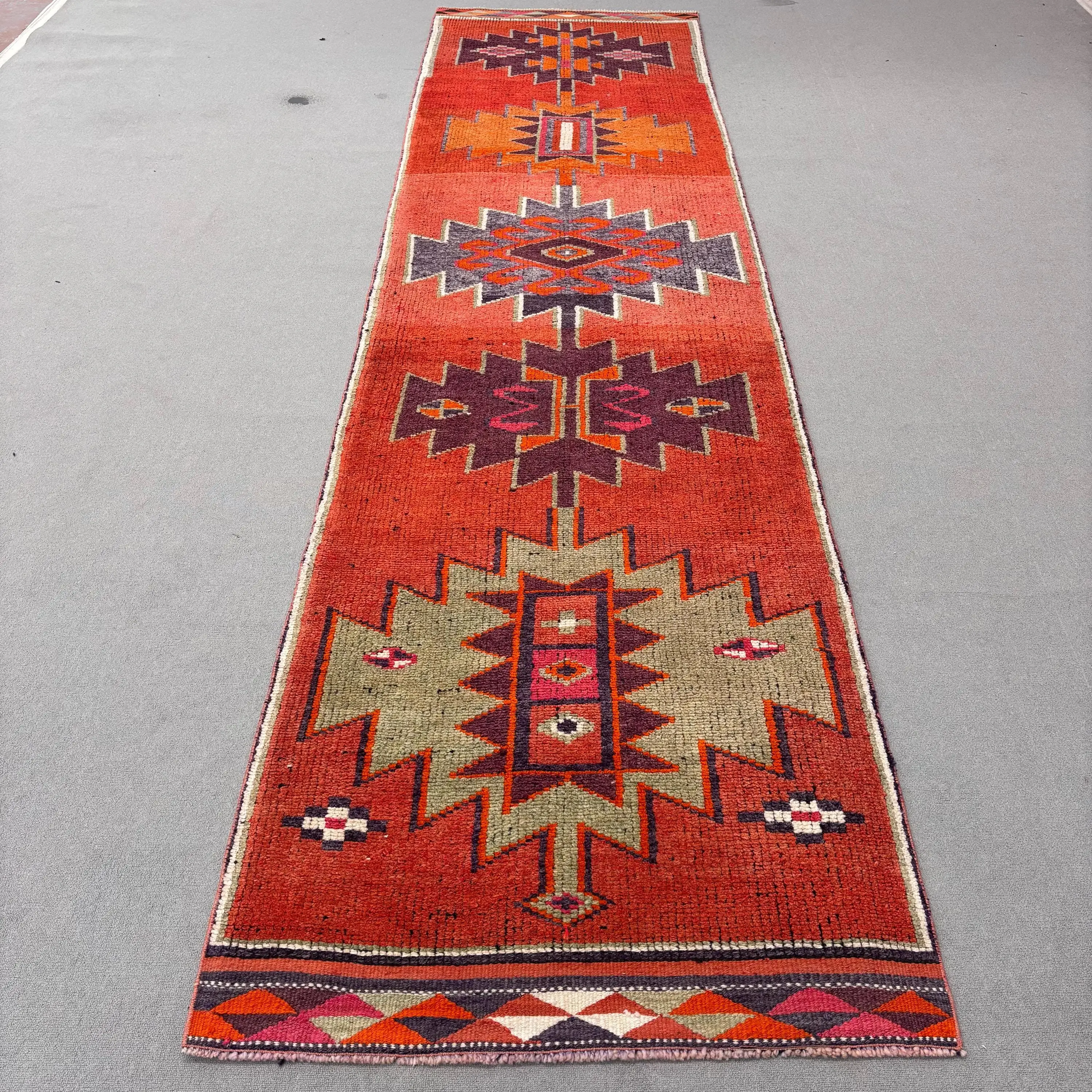 Turkish Vintage Rug 3.4x13.3 ft, Herki Red Oriental Wool Rug - 1