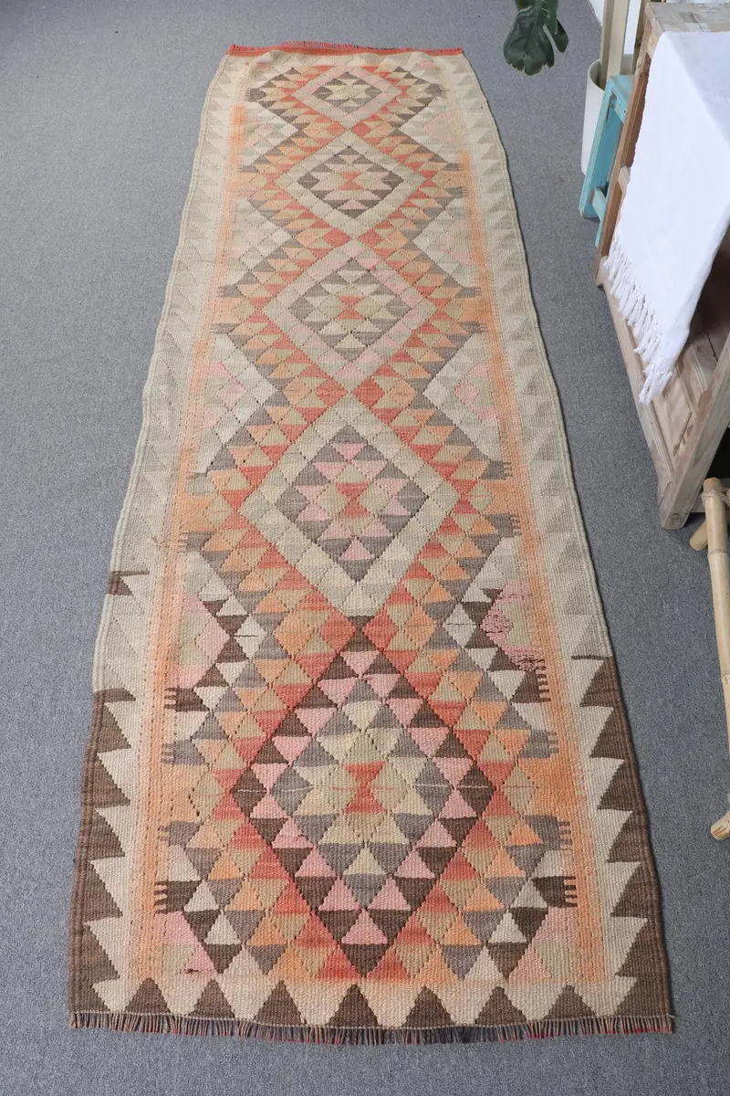 Yeşil ve Turuncu Halı, 2,8x9,2 ft Botanik Tasarım