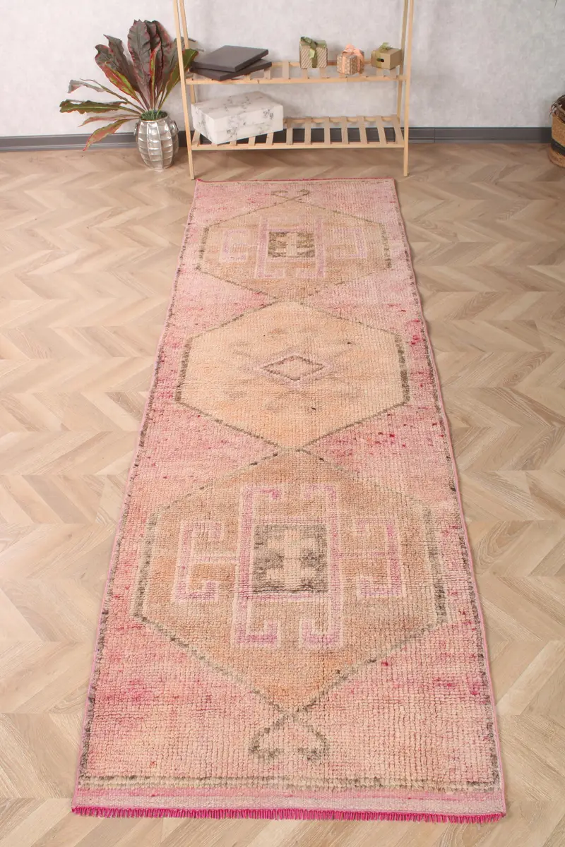 3.1x9.7 ft Turkish Rug, Vintage Runner Rug, Pink Oriental Wool Rug - 1