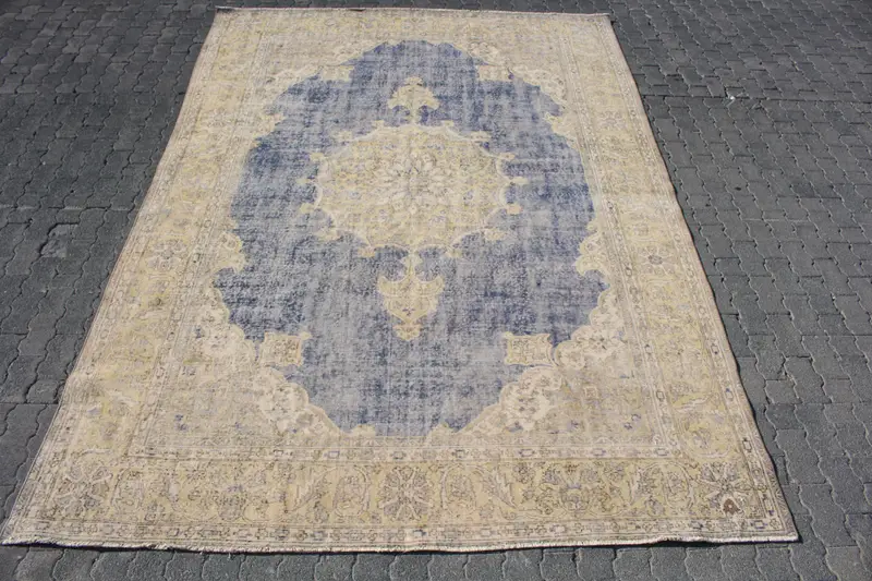 Alfombra vintage, alfombra turca de 8,2x11,4 pies, alfombra de lana patchwork blanca azul - 1