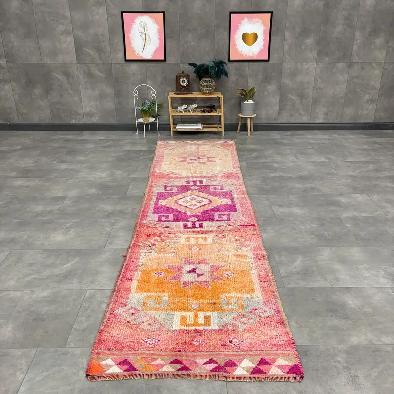 Vintage 2.9x10.9 ft Rug, Runner Turkish Rug, Pink Southwestern Wool Rug - 1