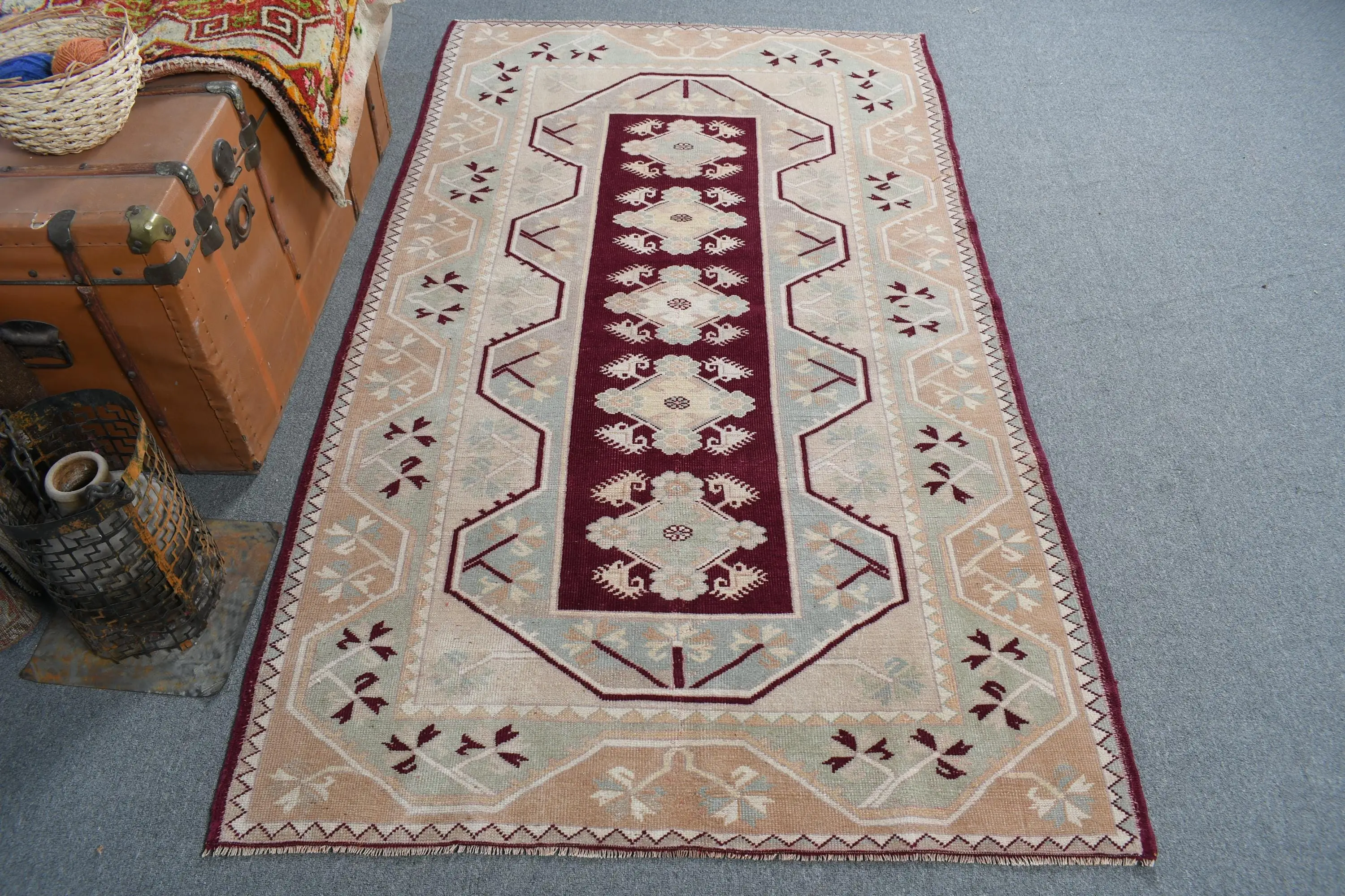 Turkish Rug 3.9x6.8 ft (118x208 cm), Brown Check Vintage Rug - 1
