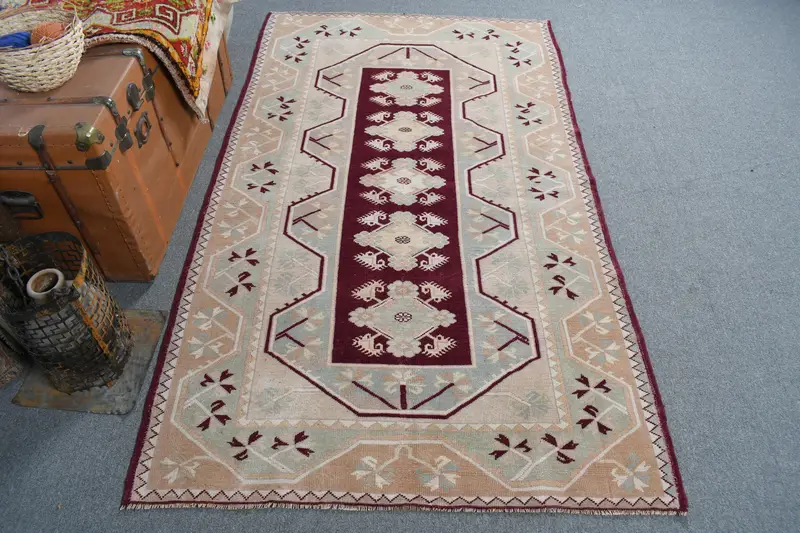 Grün-lila karierter Teppich, 3,9 x 6,8 Fuß, elegantes Dekor