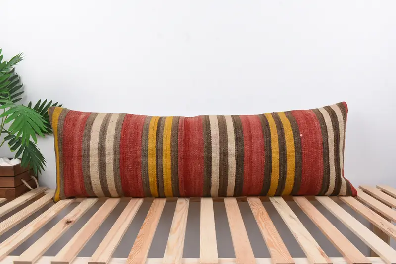 Kilim Rug Pillow Cover, Turkish Pillow, Cozy Throw Cushion, 16x48 Red Cushion, Pillow for Sofa, Pillow Cover, Vintage Pillow - 1