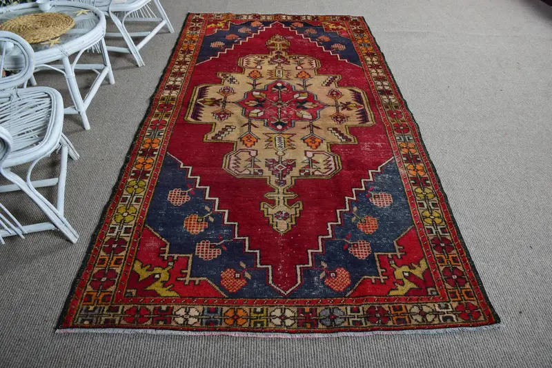 4.7x8.8 ft Vintage Turkish Rug, Large Rug, Red Oushak Polka dot Rug - 1