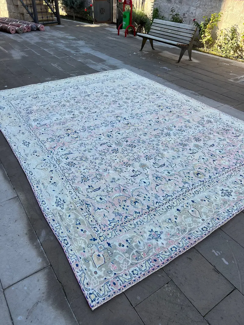 Zarif Pembe ve Mavi Oryantal Halı, 9,7x12,1 ft