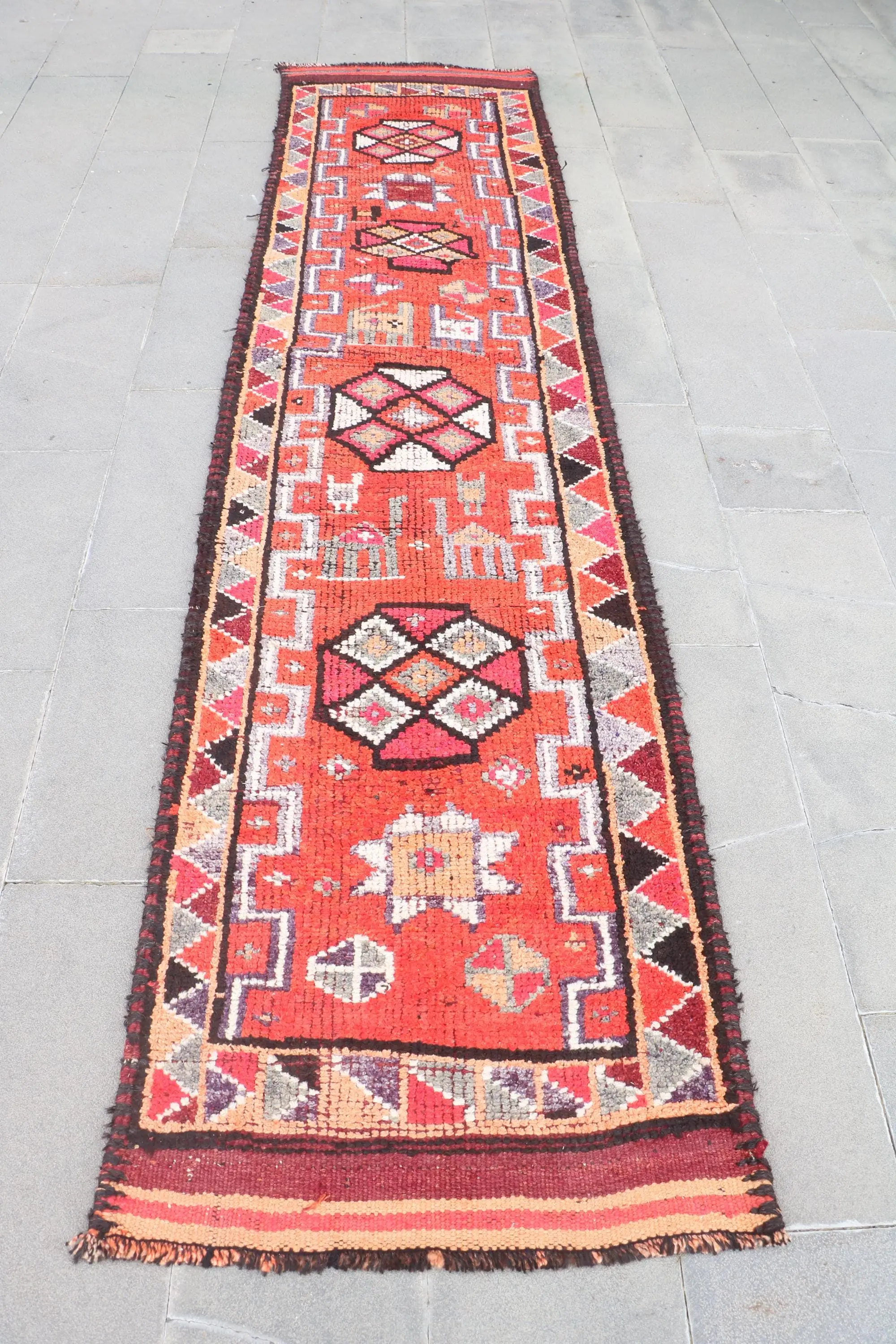 Vintage 2.7x11.7 ft Rug, Turkish Runner Rug, Red Floral Rug - 1