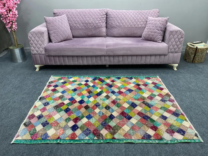 レインボーチェックラグ、3.7x5フィートの鮮やかなエリアラグ