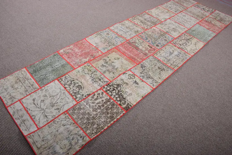 Vintage Oushak Halı 3x9.9 ft (92x302 cm), Kahverengi Çizgili Türk Halısı - 1