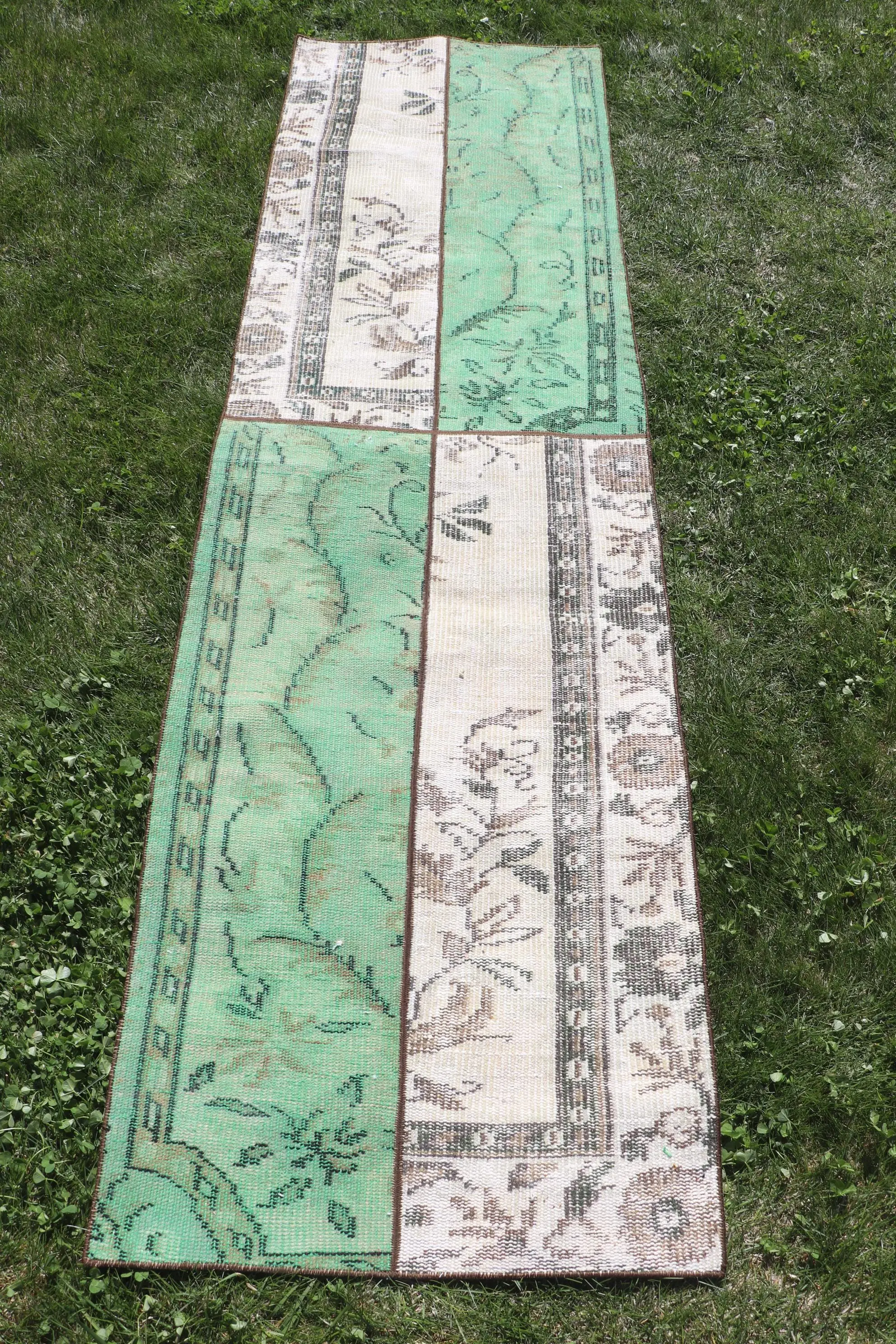 2.3x8.1 ft Vintage Runner Rug, Turkish Green Ikat Rug - 1