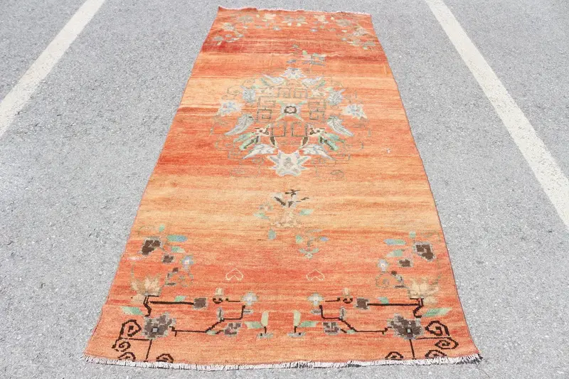 Turkish Vintage Rug 3.9x8.6 ft (118x262 cm), Oushak Orange Wool Rug - 1