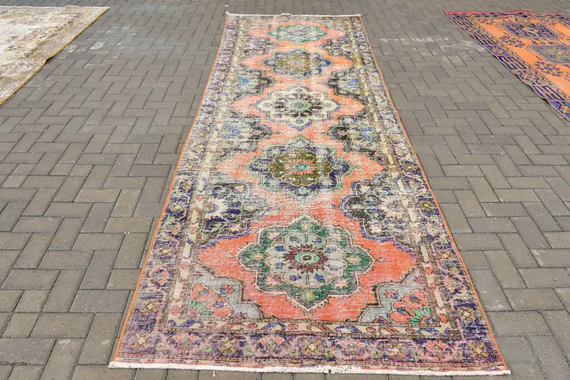 4,2x12,1 ft Läufer Türkischer Teppich, Vintage Teppich, Orange Blauer Wollteppich - 1