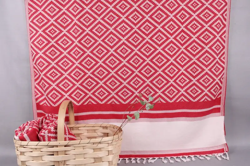 Personalized Turkish Beach Towel Geometric Red-Light Beige, 69x36 Inches