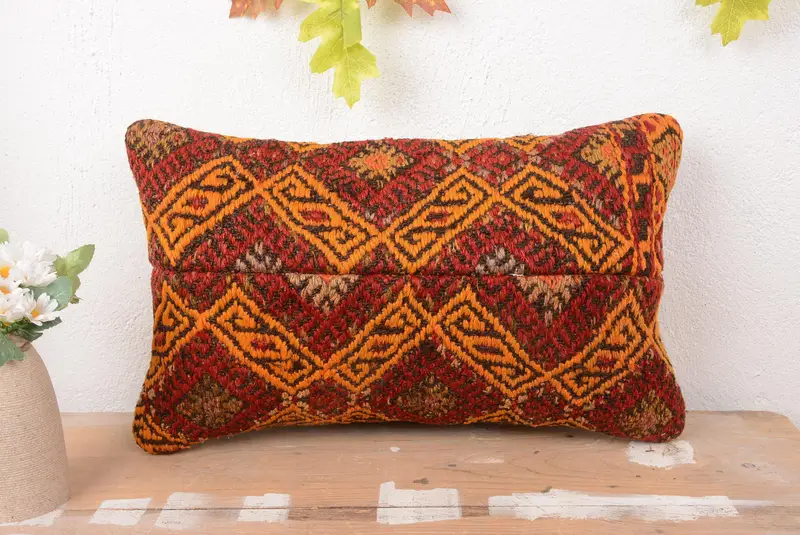 Orange & rotes Patchwork-Wurfkissen, handgefertigtes besticktes Kissen