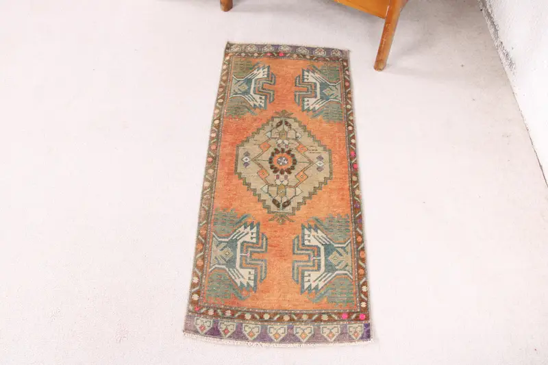 Handmade Orange Rug, 1,2x3,5 ft Striped with Geometric Shapes