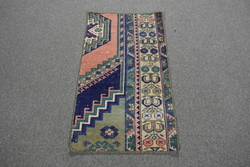 1.7x3 ft Vintage Turkish Rug, Small Rug, Blue Oushak Solid Rug - 1