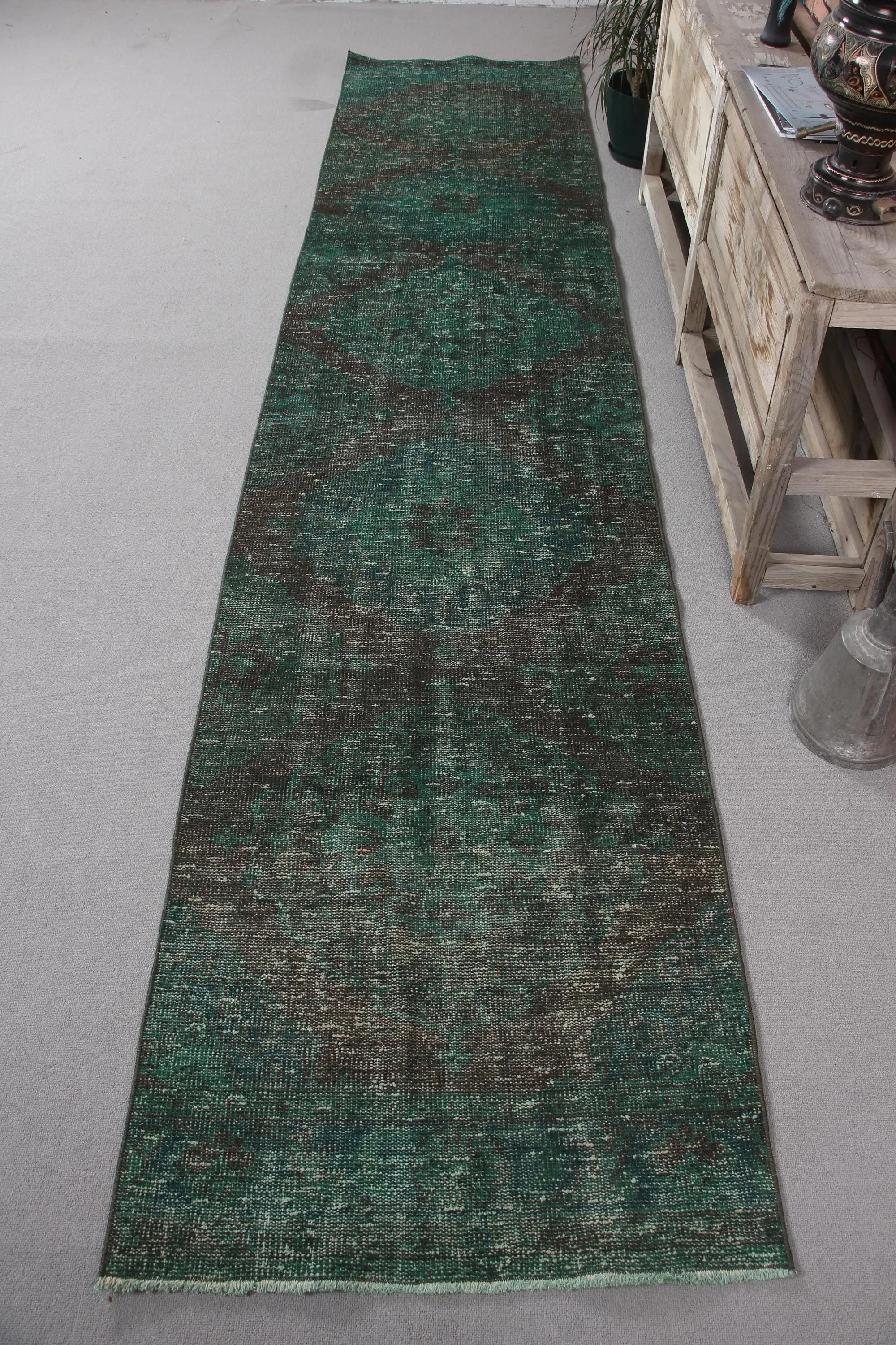 Turkish Vintage Rug 2.6x12.3 ft (80x375 cm), Green Brown Polka dot Rug - 1