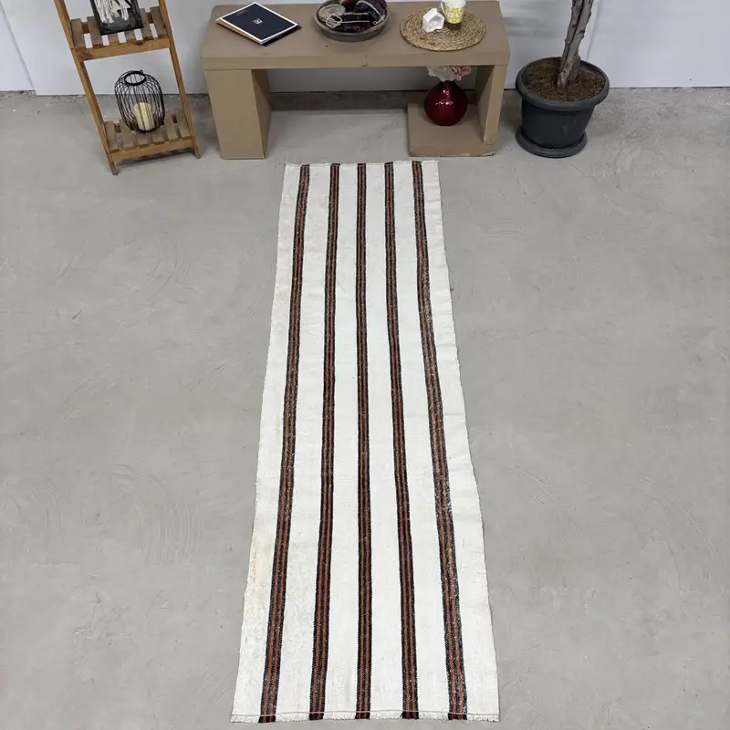 Vintage Turkish Kilim Rug 2.3x7.9 ft (70x240 cm), White Southwestern Wool Rug - 1