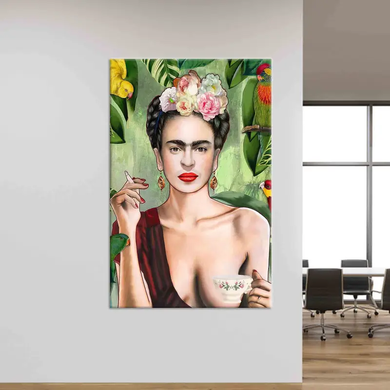 フリーダ・カーロ 鳥 ジャングル キャンバス: 鮮やかな喫煙女性アート プリント