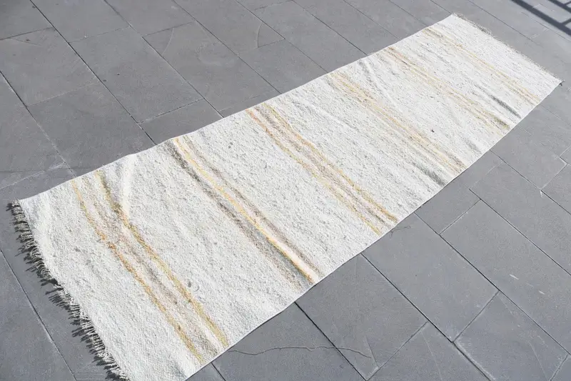Alfombra vintage, alfombra turca corredor de 2,5x8,8 pies, alfombra Ikat marrón blanco Oushak - 1