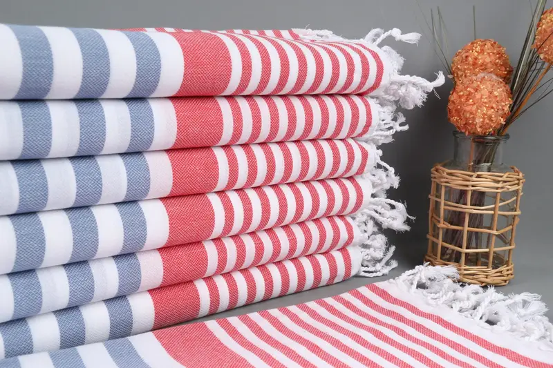 Personalized Denim Blue-Red Striped Turkish Towel, 36x67 Inches