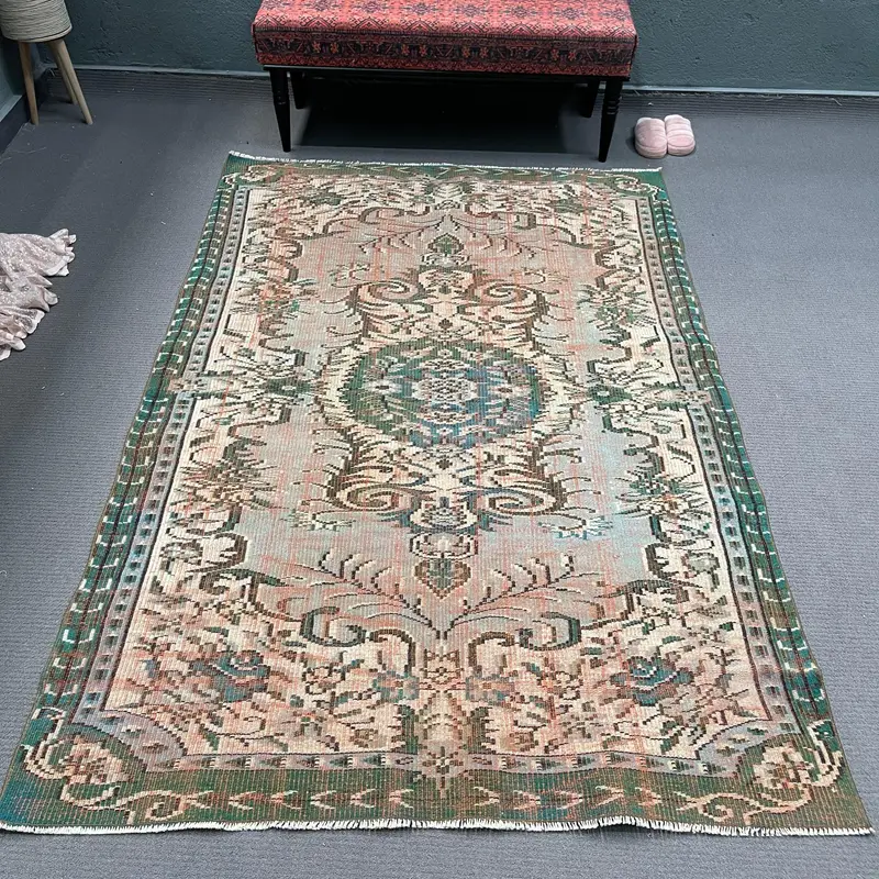 Vintage 4.8x7.4 ft Rug, Area Turkish Rug, Green Red Floral Rug - 1