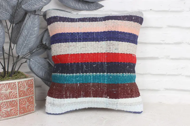 Kilim Pillow Cover, Yoga Pillow, Turkish Rugs Pillow Sham, 12x12 Blue Pillow Case, Pillow Cover, Bed Cushion, Vintage Kilim Pillow, Pillow for Sofa - 1