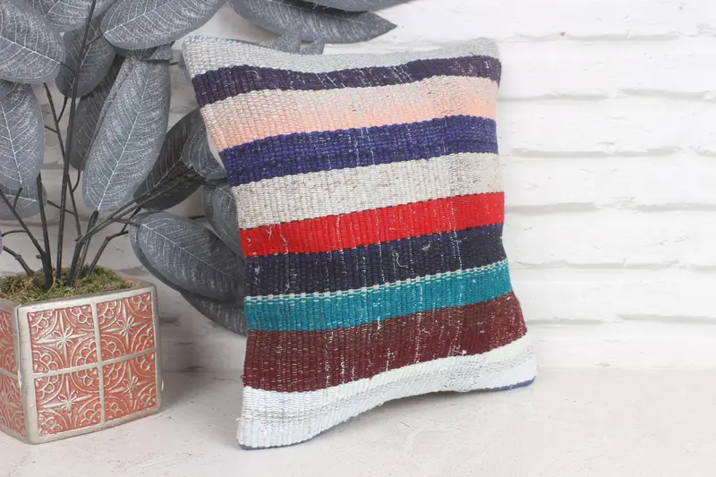Kilim Pillow Cover, Yoga Pillow, Turkish Rugs Pillow Sham, 12x12 Blue Pillow Case, Pillow Cover, Bed Cushion, Vintage Kilim Pillow, Pillow for Sofa - 4