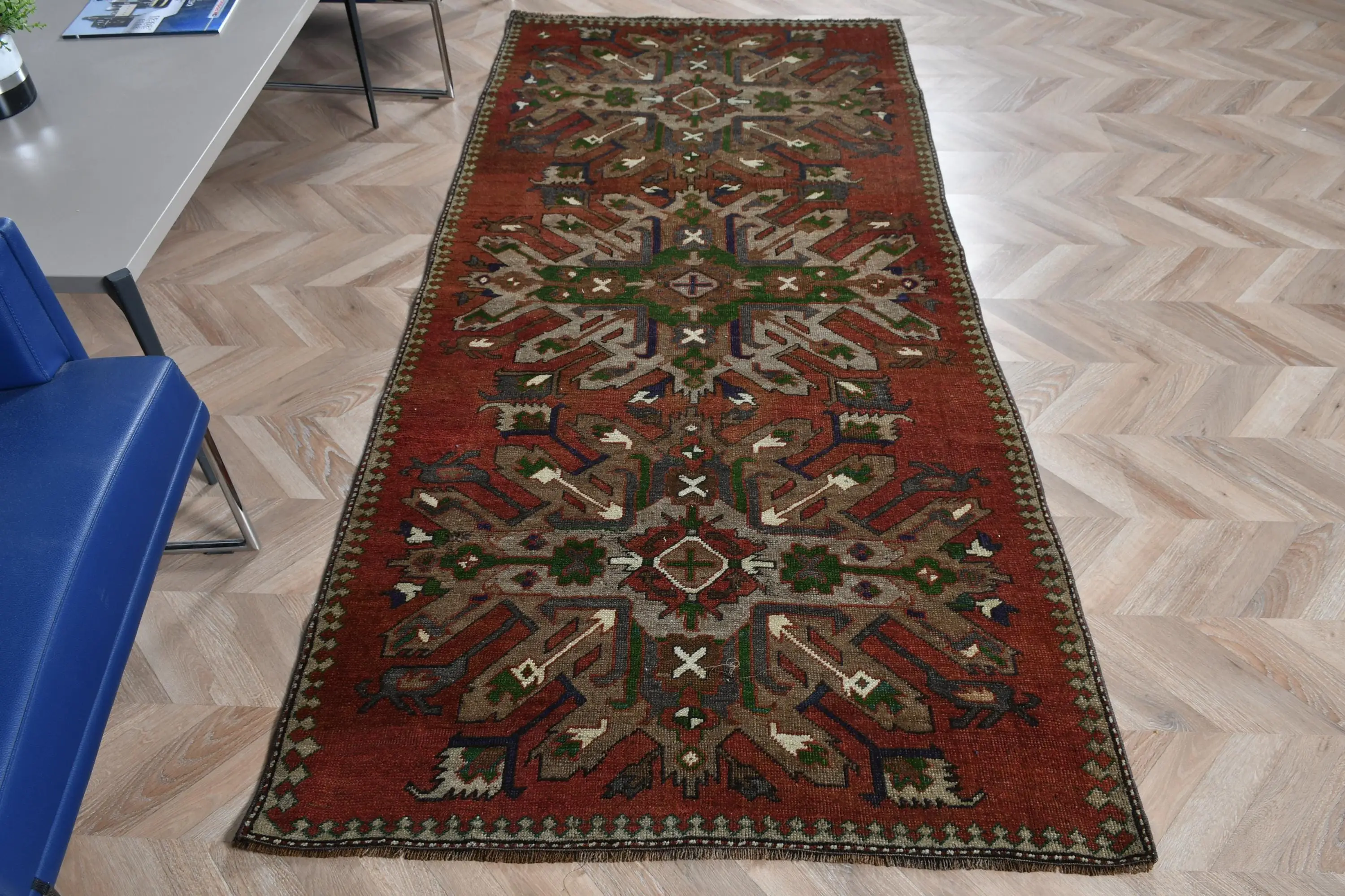 3.7x8 ft Turkish Rug, Vintage Area Rug, Red Green Animal Print Wool Rug - 1