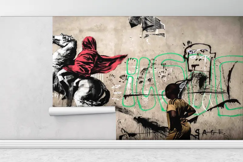 壁紙の皮とスティック、バンクシーホースライダー、紙の壁アート、街壁の装飾、明るい壁の紙、絵画壁紙、 - 5