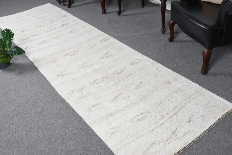 3.1x11.1 ft Vintage Kilim Halı, Beyaz Katı Türk Yün Halı - 1