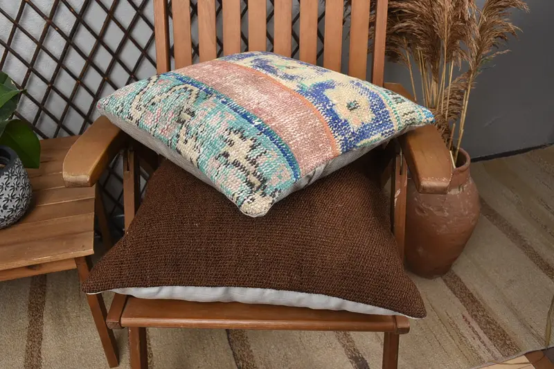 Kilim Cushion Sham, 16x16 Blue Cushion Case, Boho Pillow Sham Cover, Gift Pillow, Wool Kilim Pillow Pillow Cover, Garden Pillow, Pillow Cover - 4