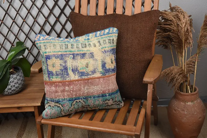 Kilim Cushion Sham, 16x16 Blue Cushion Case, Boho Pillow Sham Cover, Gift Pillow, Wool Kilim Pillow Pillow Cover, Garden Pillow, Pillow Cover - 1