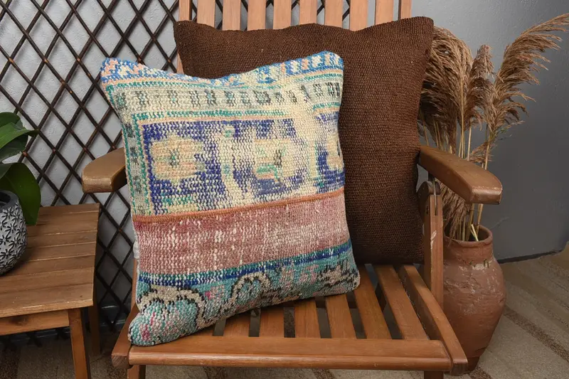 Kilim Cushion Sham, 16x16 Blue Cushion Case, Boho Pillow Sham Cover, Gift Pillow, Wool Kilim Pillow Pillow Cover, Garden Pillow, Pillow Cover - 2