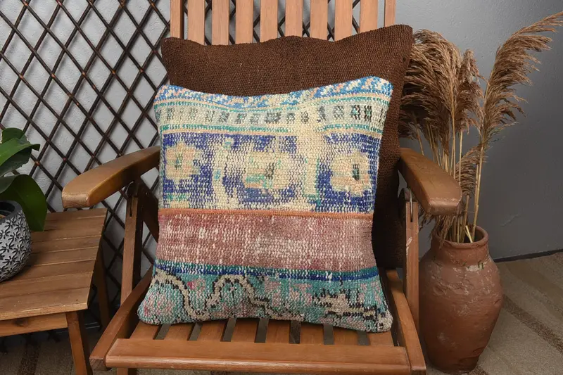 Kilim Cushion Sham, 16x16 Blue Cushion Case, Boho Pillow Sham Cover, Gift Pillow, Wool Kilim Pillow Pillow Cover, Garden Pillow, Pillow Cover - 3