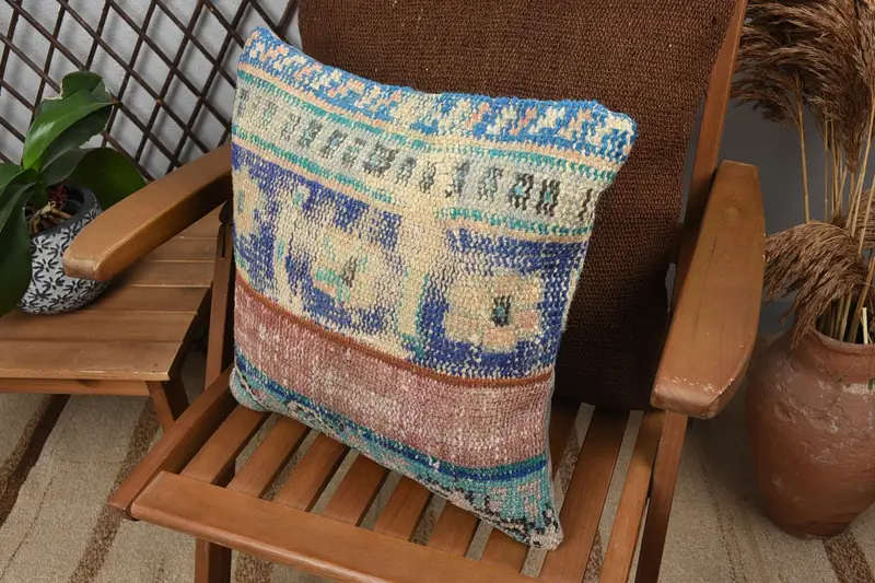 Kilim Cushion Sham, 16x16 Blue Cushion Case, Boho Pillow Sham Cover, Gift Pillow, Wool Kilim Pillow Pillow Cover, Garden Pillow, Pillow Cover - 5