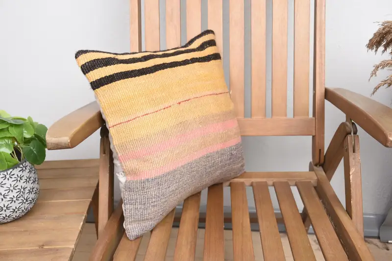 Turkish Pillow, Square Throw Pillow, 16x16 Yellow Pillow Case, Throw Kilim Pillow, Pillow Cover, Natural Cushion Case, Boho Pillow - 2