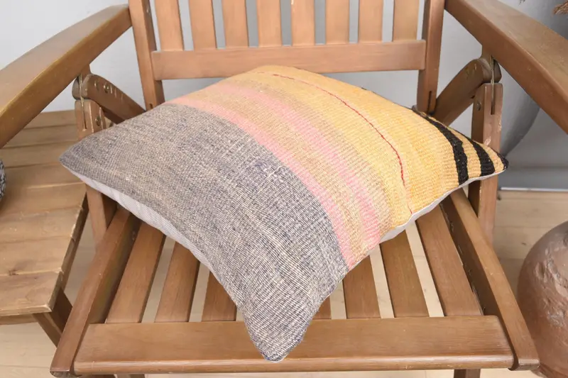 Turkish Pillow, Square Throw Pillow, 16x16 Yellow Pillow Case, Throw Kilim Pillow, Pillow Cover, Natural Cushion Case, Boho Pillow - 4