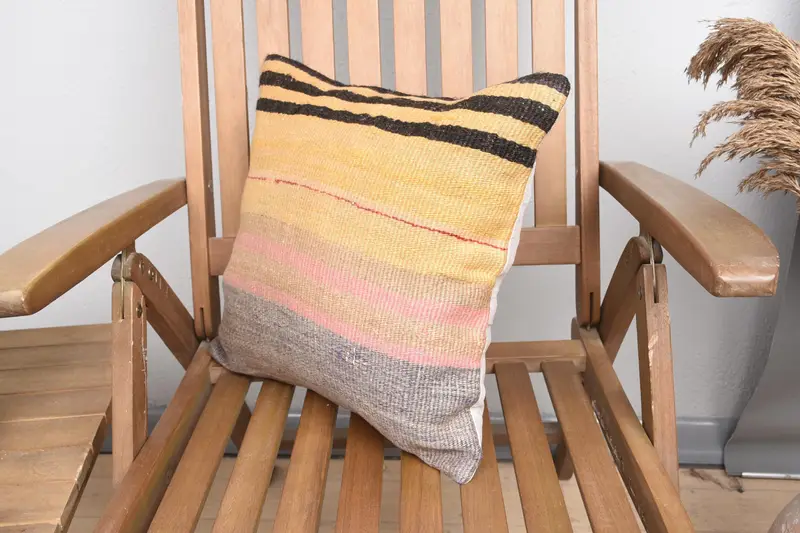 Turkish Pillow, Square Throw Pillow, 16x16 Yellow Pillow Case, Throw Kilim Pillow, Pillow Cover, Natural Cushion Case, Boho Pillow - 3