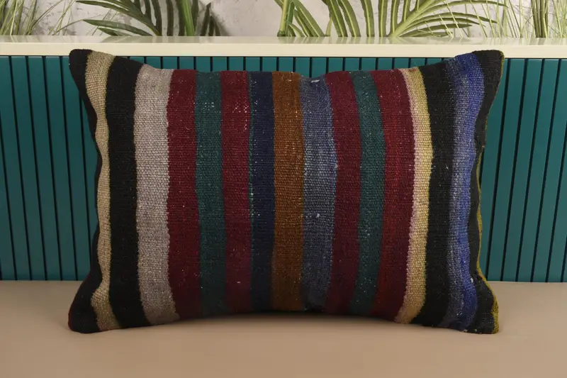 Striped Red Throw Pillow, Antique 16x24 inch Wool Euro Sham - 1