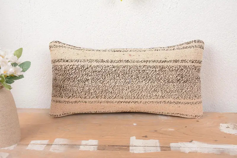 Beige & Brown Striped Pillow, 8x16 Vintage Throw Pillow