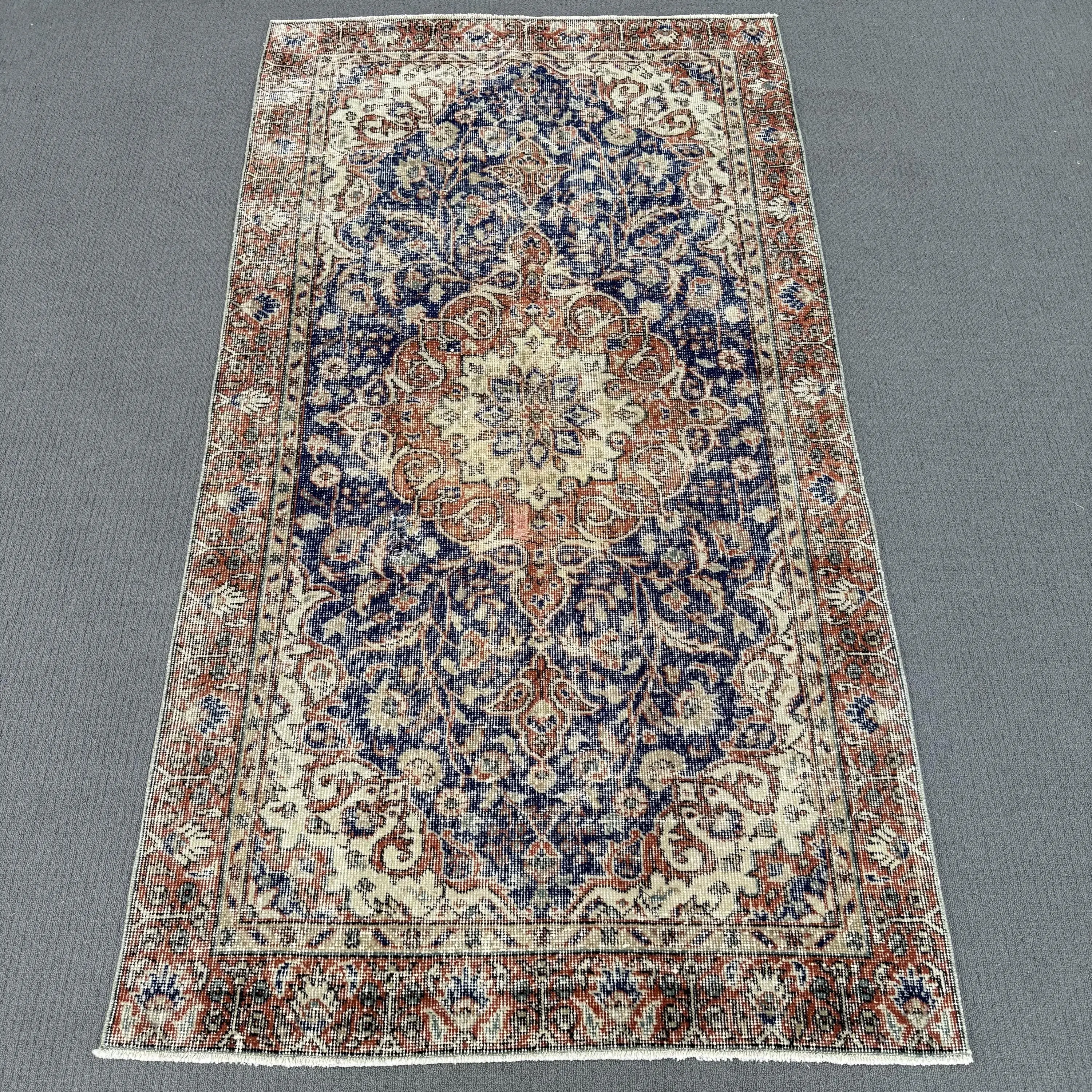 3.4x6.5 ft Vintage Halı, Türk Halısı, Mavi Ombré Yün Halı - 1
