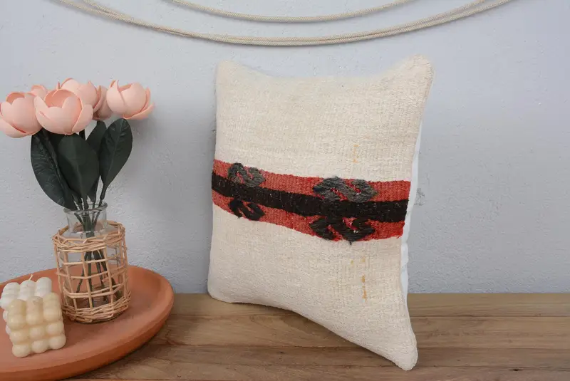 Vintage Kilim Pillow, Boho Pillow, Handmade Throw Pillow Case, 14x14 White Pillow Sham, Ikat Pillow Sham, Cushion Case, Kilim Cushion Sham - 4