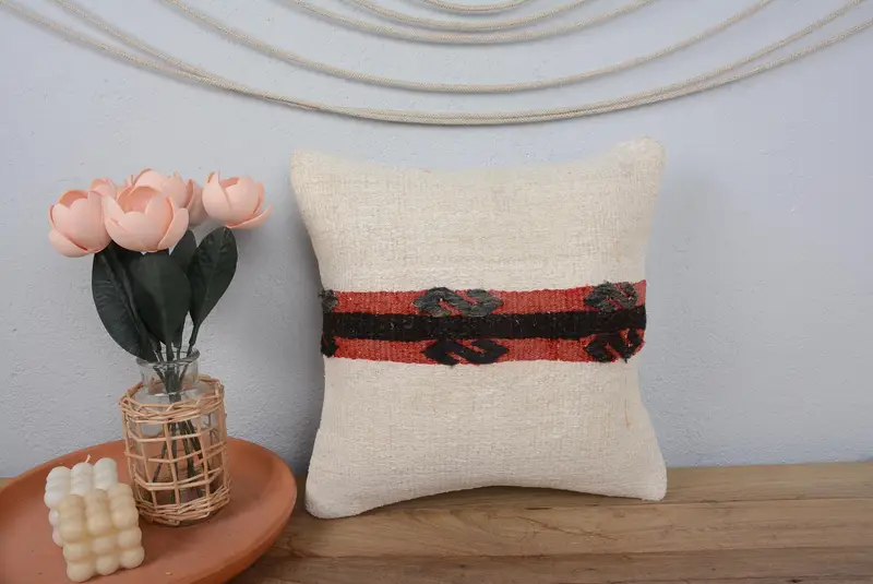 Vintage Kilim Pillow, Boho Pillow, Handmade Throw Pillow Case, 14x14 White Pillow Sham, Ikat Pillow Sham, Cushion Case, Kilim Cushion Sham - 2