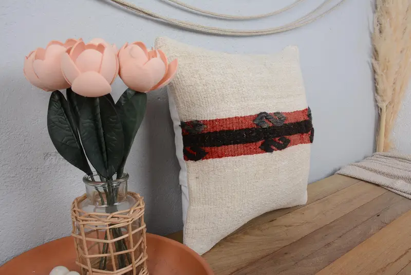 Vintage Kilim Pillow, Boho Pillow, Handmade Throw Pillow Case, 14x14 White Pillow Sham, Ikat Pillow Sham, Cushion Case, Kilim Cushion Sham - 1