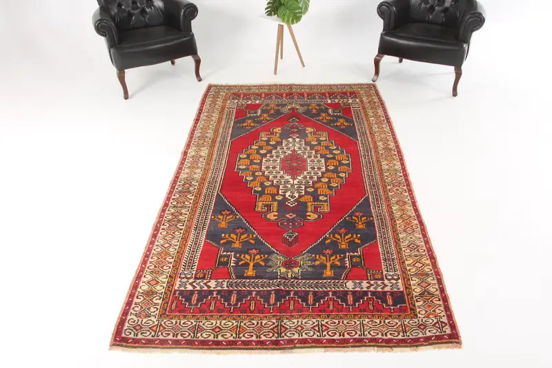 4.9x8.6 ft Rug, Vintage Turkish Rug, Red Plants & trees Wool Rug - 1