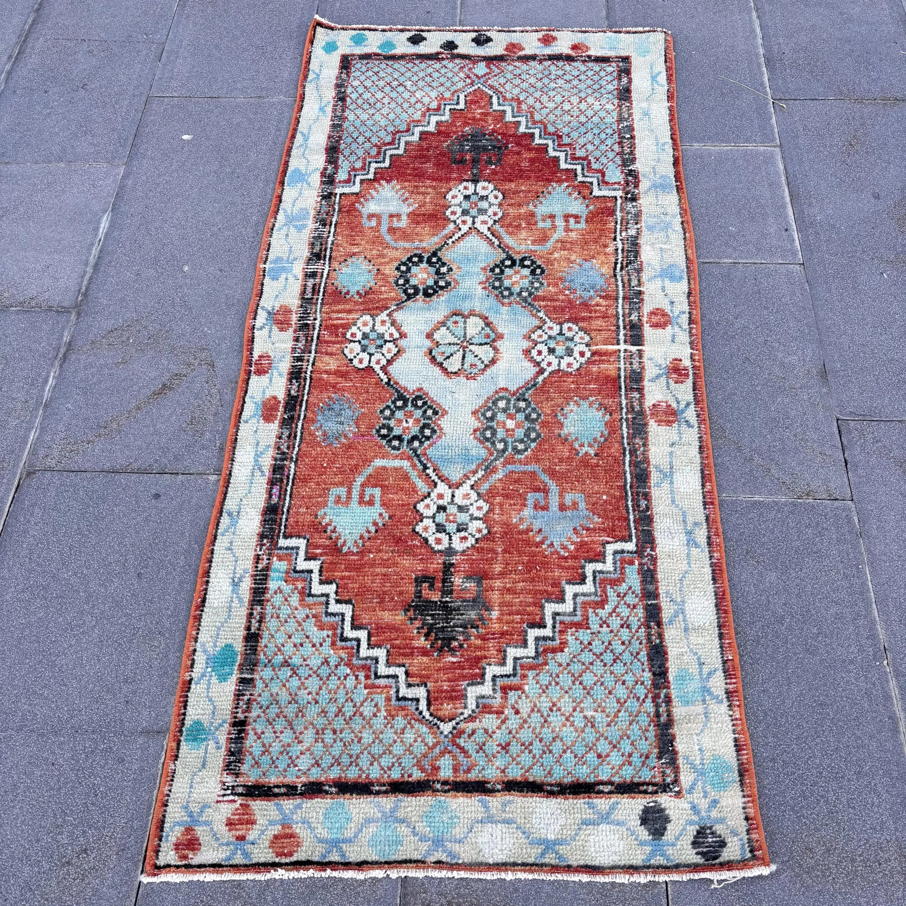 Vintage 2.3x5.2 ft Rug, Small Turkish Rug, Red Bordered Wool Rug - 1