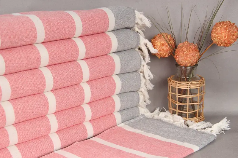 Red-Gray Striped Organic Cotton Hand Towel, 18x36 Inches