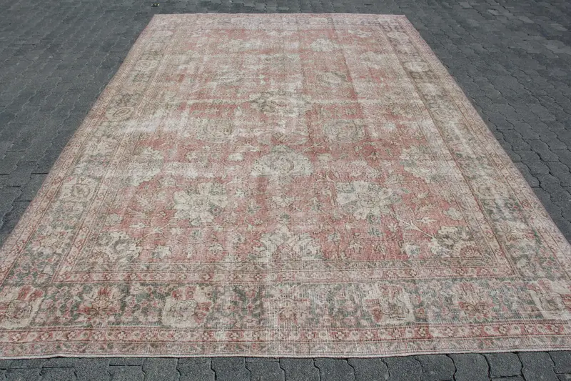 Türk Oushak Halı 7.8x11.5 ft, Kırmızı Gri Soyut Yün Vintage Halı - 1